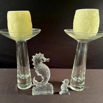 Vintage Fenton  Custard Glass Candle Holder And Waterford Seahorses 