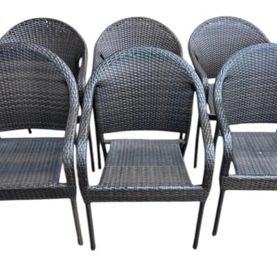 Set Of 6 Resin Brown Wicker Outdoor Dining Chairs