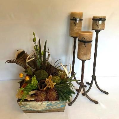 Set Of Wrought Iron Candle Holders With Candles & Rustic Faux Floral Arrangement