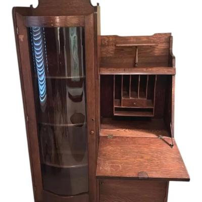 Antique Victorian Oak Side-by-Side Desk and Bookcase