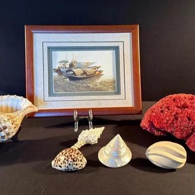 Sea Shells & Asian Picture Of Embroidered  Fishing Boats