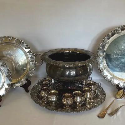 Sheffield Plate Silver Plated Punch Set, Platters & Serving Pieces 