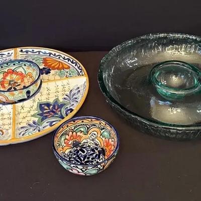 Mexican Talavera Style Ceramic Chip And Dip Serving Platter And Glass Chip And Dip Platter