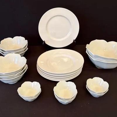 Pier 1 Imports White Porcelain Plates And Lotus-shaped Bowls