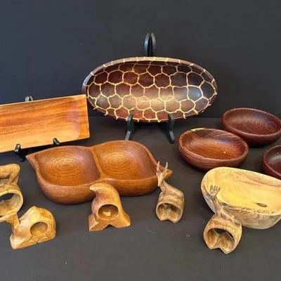 Collection Of Wood Serving Pieces And Napkin Rings 