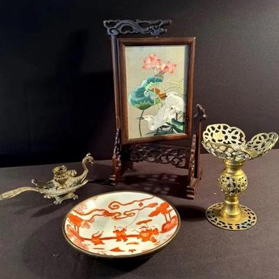 Chinese Double-Sided Embroidery On A Beautiful Carved Stand, 2 Brass Candleholders In An Asian Plat