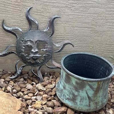Copper Garden Hose Cauldron And Metal Sun Wall Decor