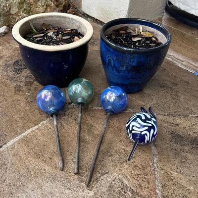 Beautiful Blue Glazed Pots And Collection Of Garden Glass Balls