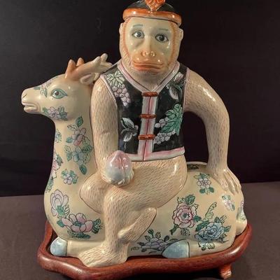 Chinoiserie-style Porcelain Monkey on Deer