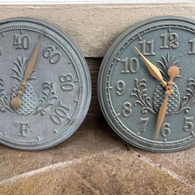Whitehall Products Metal Pineapple Outdoor Thermometer And Clock