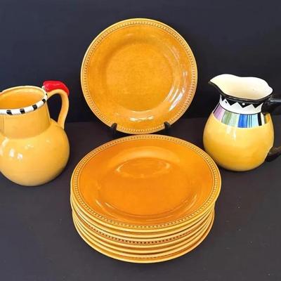 Pier 1 Spice Route Ginger Stoneware Dinner Plates And 2 Pitchers