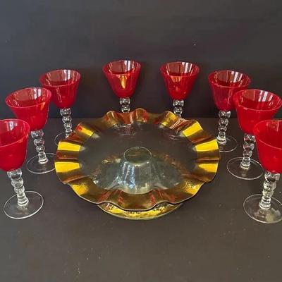 Ruffled Pedestal Cake Dish And 8 Ruby Red Wine Goblets