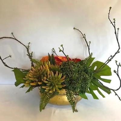 Large Artificial Succulent Arrangement In Brass Footed Pot