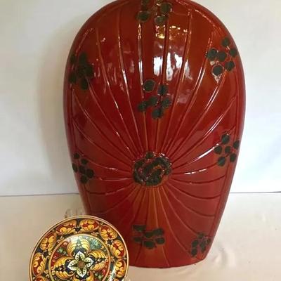 Large Red Glazed Vase & Italian Baroque Ornate Plate