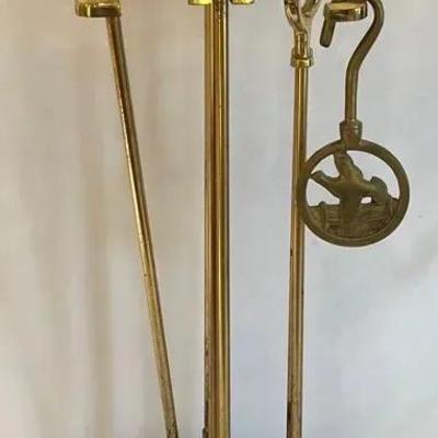 Brass Fireplace Tools with Vintage Solid Brass Damper Pull Hook