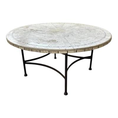 Round Travertine Stone Patio Table With Brown Metal Frame