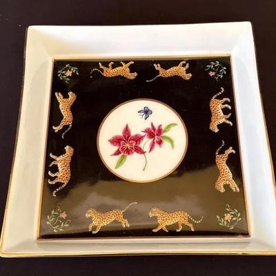 Lynn Chase Jaguar Jungle Square Serving Bowl With 24-Karat Gold Border And Trim 