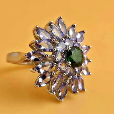 6.1ctw Tanzanite & Chrome Diopside Sterling Silver Cluster Ring