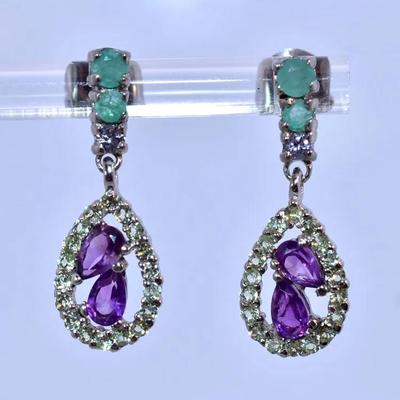 Natural Unheated Amethyst, Emerald, Tanzanite & Peridot Sterling Silver Earrings
