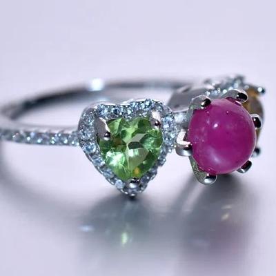 Natural Round Ruby, Citrine & Peridot Sterling Silver Ring
