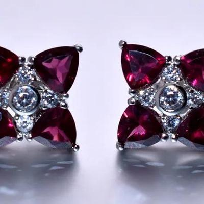 Natural Unheated Trillion Rhodolite Garnet Sterling Silver Earrings