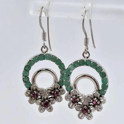 Emerald & Rhodolite Garnet Sterling Silver Earrings 