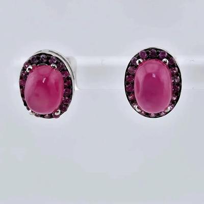 Ruby Cabochon Sterling Silver Stud Earrings 
