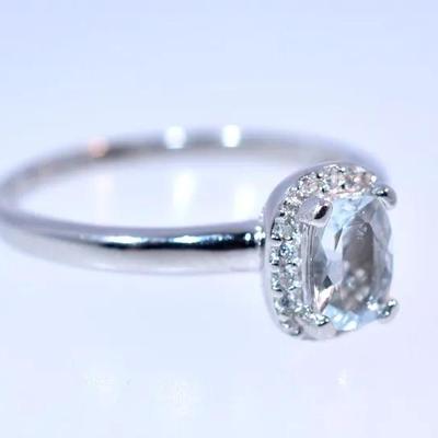 Natural Unheated Elongated Aquamarine Sterling Silver Halo Ring