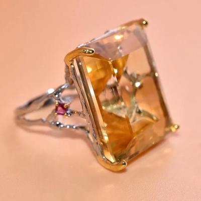 62 Carat Natural Unheated Citrine & Rhodolite Garnet Sterling Silver Ring