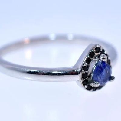 Pear Blue Sapphire & Black Spinel Sterling Silver Ring