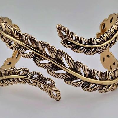 Barse Gold Tone Feather Cuff Bracelet 