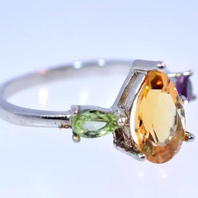 Natural Unheated Pear Citrine, Peridot & Amethyst Sterling Silver Ring