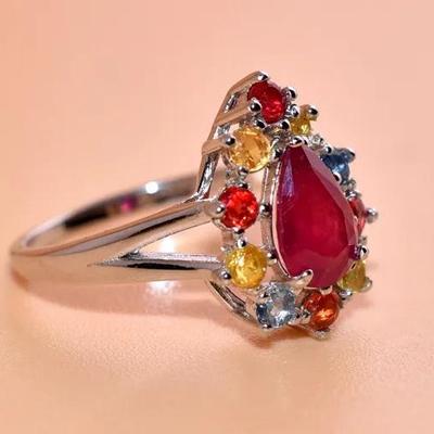 1.3 Carat Pear Ruby & Colored Sapphire Sterling Silver Halo Ring