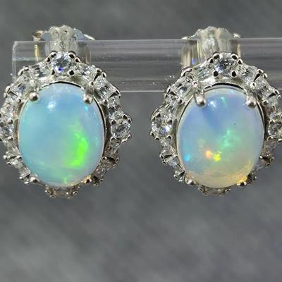 Opal Cabochon Sterling Silver Stud Earrings 