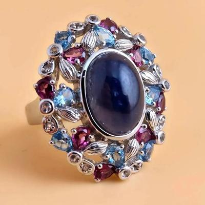 10+ Ct Sapphire Cabochon, Topaz, & Garnet Sterling Silver Statement Ring