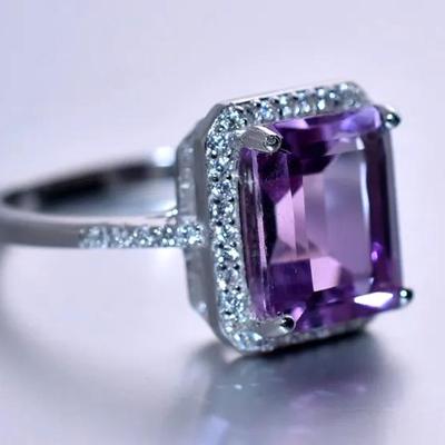 3.0 Carat Natural Unheated Elongated Amethyst Sterling Silver Halo Ring