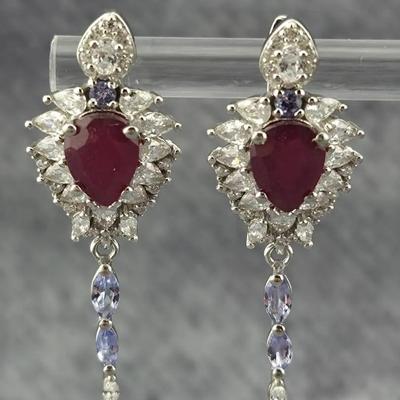 3.6ctw Ruby & Tanzanite Sterling Silver Drop Earrings 