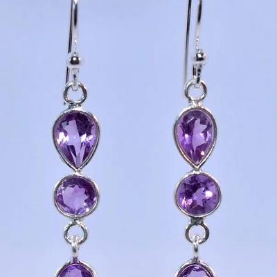 3.4 CTW Natural Unheated Amethyst Sterling Silver Dangle Earrings