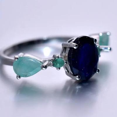 1.8 Carat Oval Blue Sapphire & Pear Emerald Sterling Silver Ring
