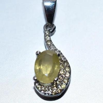 Natural Oval Yellow Sapphire Sterling Silver Modernist Pavé Pendant