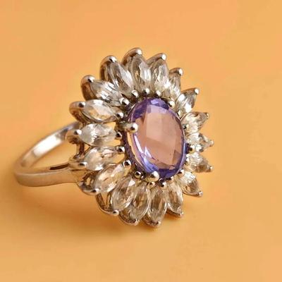 4.1ctw Tanzanite & White Topaz Sterling Silver Burst Ring