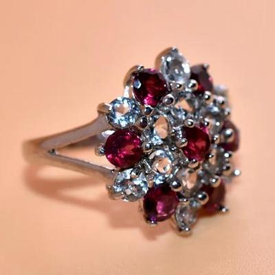 Natural Unheated Rhodolite Garnet & Aquamarine Sterling Silver Cluster Ring