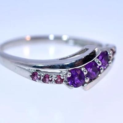 Natural Unheated Amethyst & Rhodolite Garnet Sterling Silver Ring