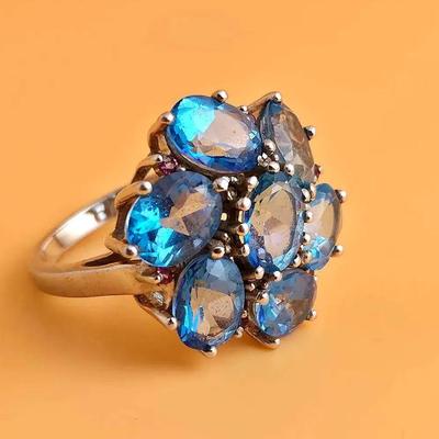 11.2ctw Blue Topaz Sterling Silver Cluster Ring