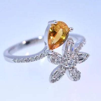 Natural Unheated Pear Citrine Sterling Silver Floral Ring