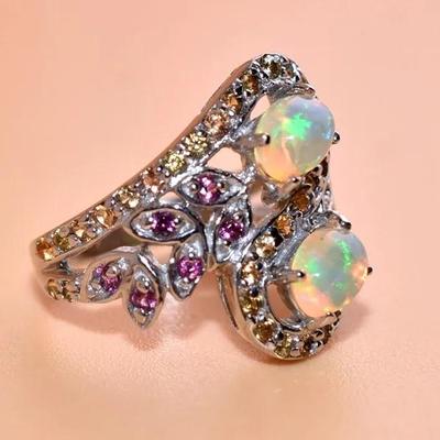 Natural Unheated Oval Fire Opal Cabochon, Sapphire & Rhodolite Garnet Sterling Silver Ring