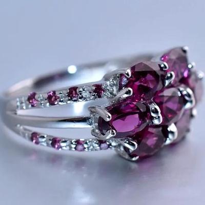 3.4 CTW Natural Unheated Oval Garnet Sterling Silver Cluster Ring