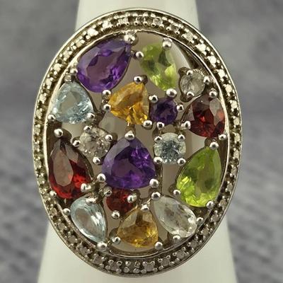 Mosaic Gemstone & Diamond Accent Sterling Silver Ring 