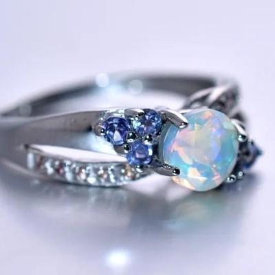 Natural Unheated Round Fire Opal, Tanzanite & Rhodolite Garnet Sterling Silver Ring