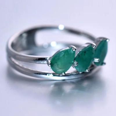 Natural Unheated Tri Pear Emerald Sterling Silver Modernist Ring